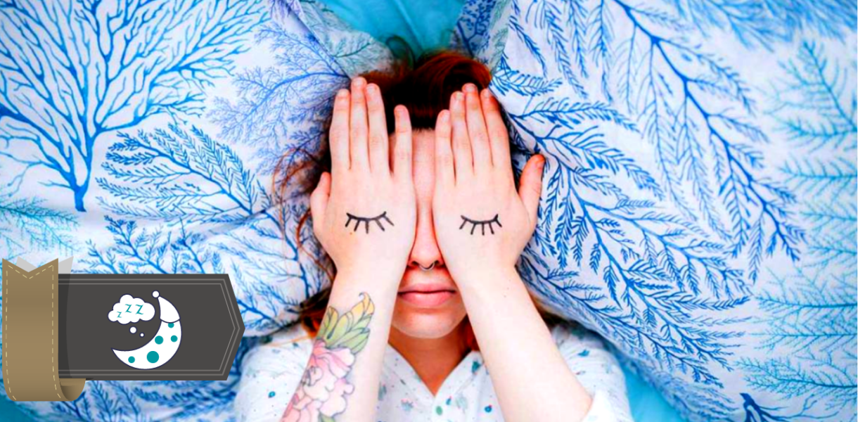 woman covering her eyes to fall asleep fast